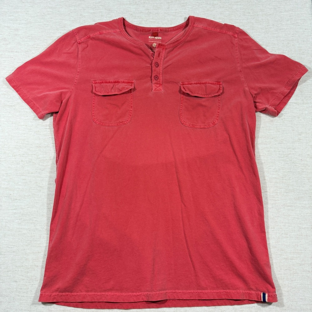 Ruff Hewn Henley Shirt Mens Large Red Good Short Sleeve Cotton Pockets 0463